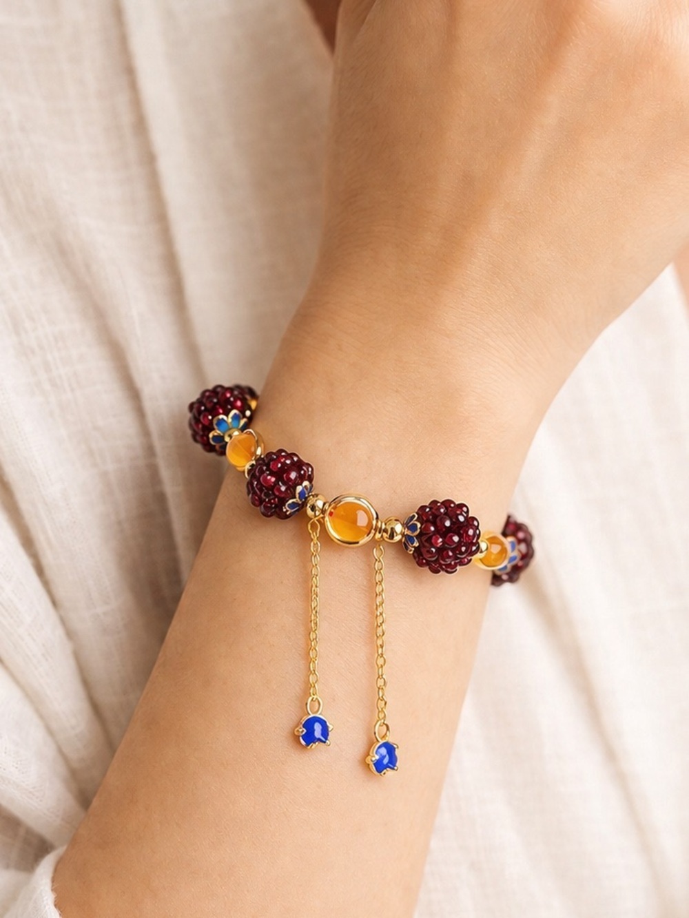 Natural Garnet Citrine Stretch Bracelet Boho Statement Beaded Crystal Gold Tone - Picture 2 of 5